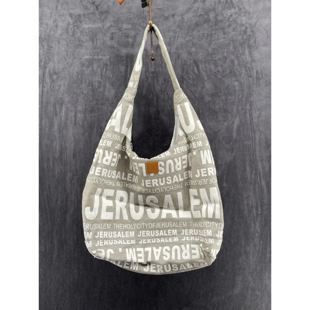 Robin Ruth Jerusalem Israel Canvas Hobo Shoulder Bag Travel Souvenir Gray White
